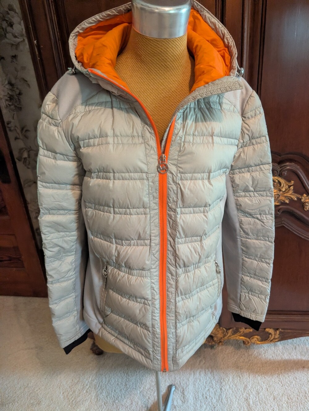 Michael Kors Quilted Packable Jackey Grey Orange Hooded Large
